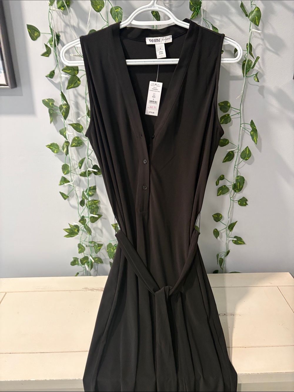 WHBM Black Sleeveless V-Neck Button Dress with Tie